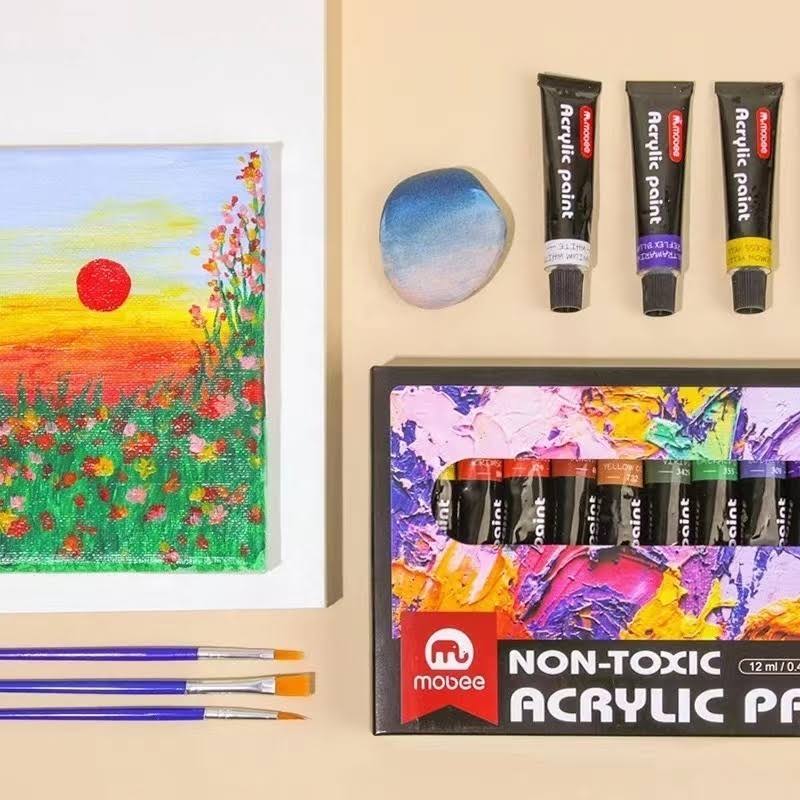 Pintura acrílica, madera, vidrio, tela, papel 12 piezas