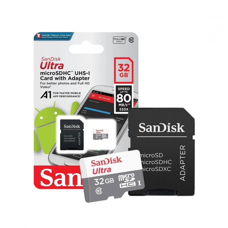 Memoria micro SD 32GB 80MB/s SanDisk Ultra C10 Con Adaptador