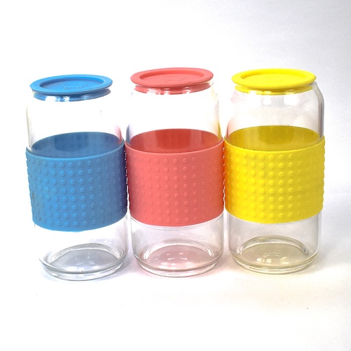 [80617] Vaso de vidrio, forma de lata con funda antideslizante 400ml