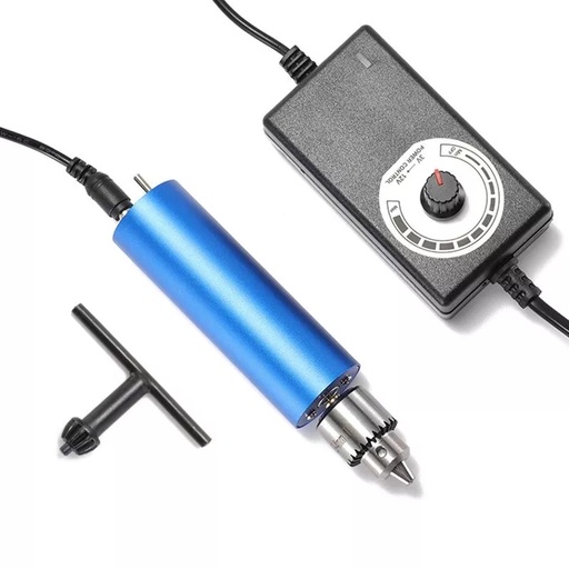 [99058] Mini torno regulable con mandril + fuente 12V azul