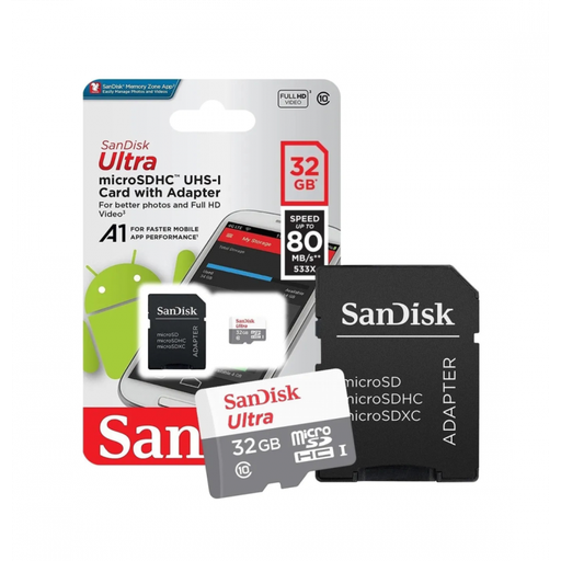 Memoria micro SD 32GB 80MB/s SanDisk Ultra C10 Con Adaptador