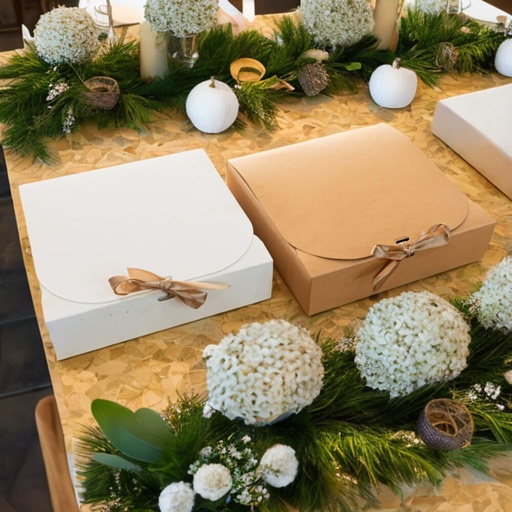 [91459] Caja con moño 24*25cm blanco/marrón 12 piezas